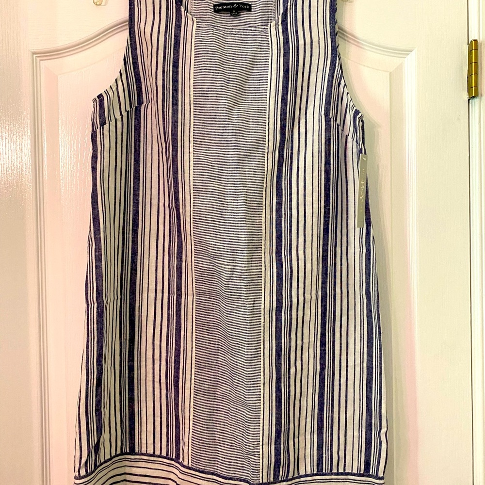 Brand-new!  Navy blue and white striped linen dress